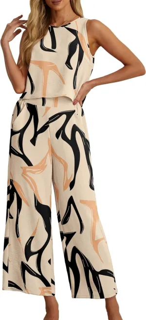 IWOLLENCE Women's Summer 2 Piece Outfits Set Round neck Sleeveless Tank Crop Top Wide Leg pants Set Pockets Jumpsuits
