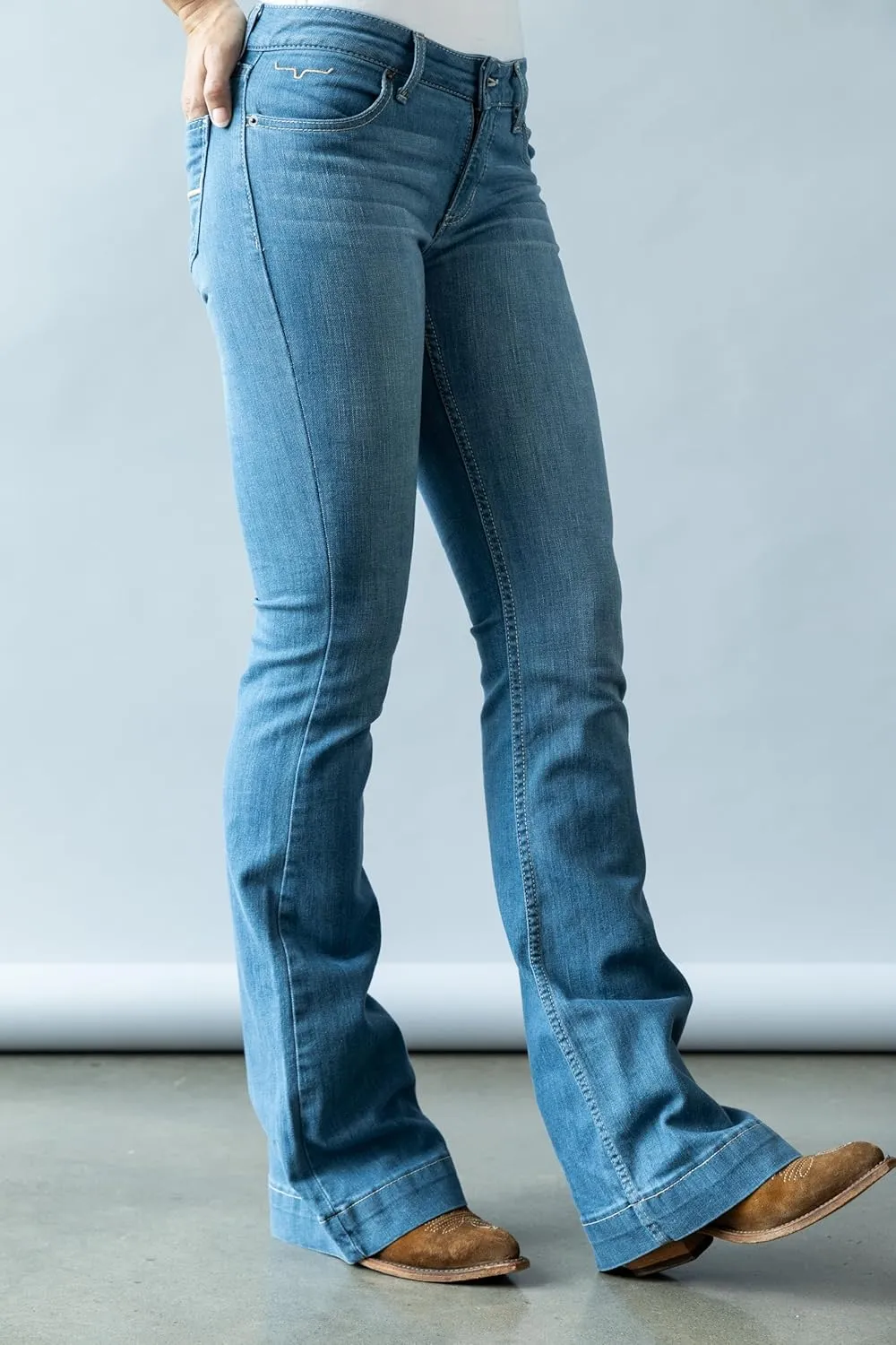 Kimes Ranch Women's Lola Soho Fade Western Mid-Rise Wide Flare Leg Light Wash Tri-Blend Denim Blue Jeans