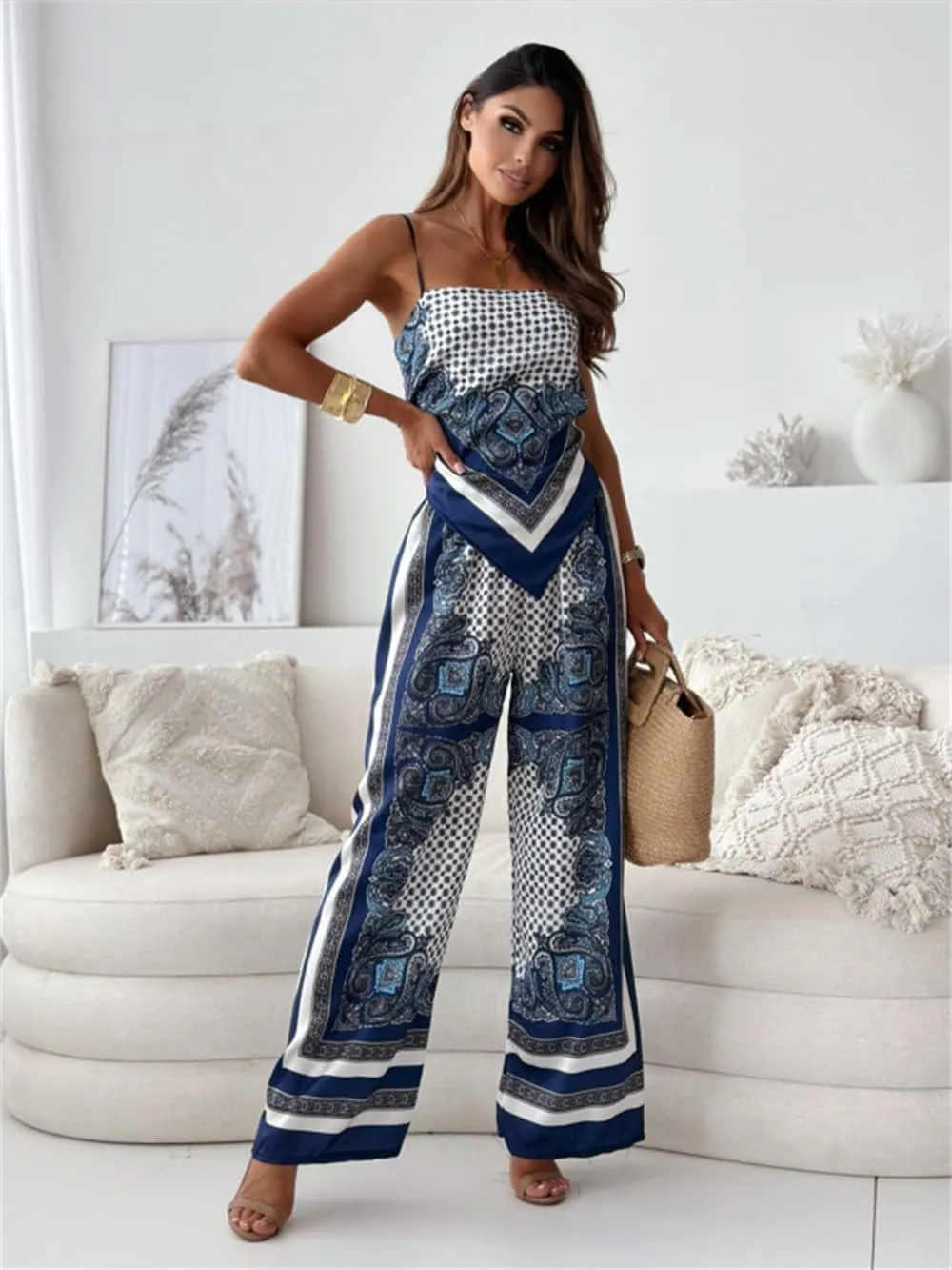 ksotutm Womens Paisley Print 2 Piece Outfits Sleeveless Cami Top Going Out Wide Leg Pants Boho Summer Beach Vacation Set
