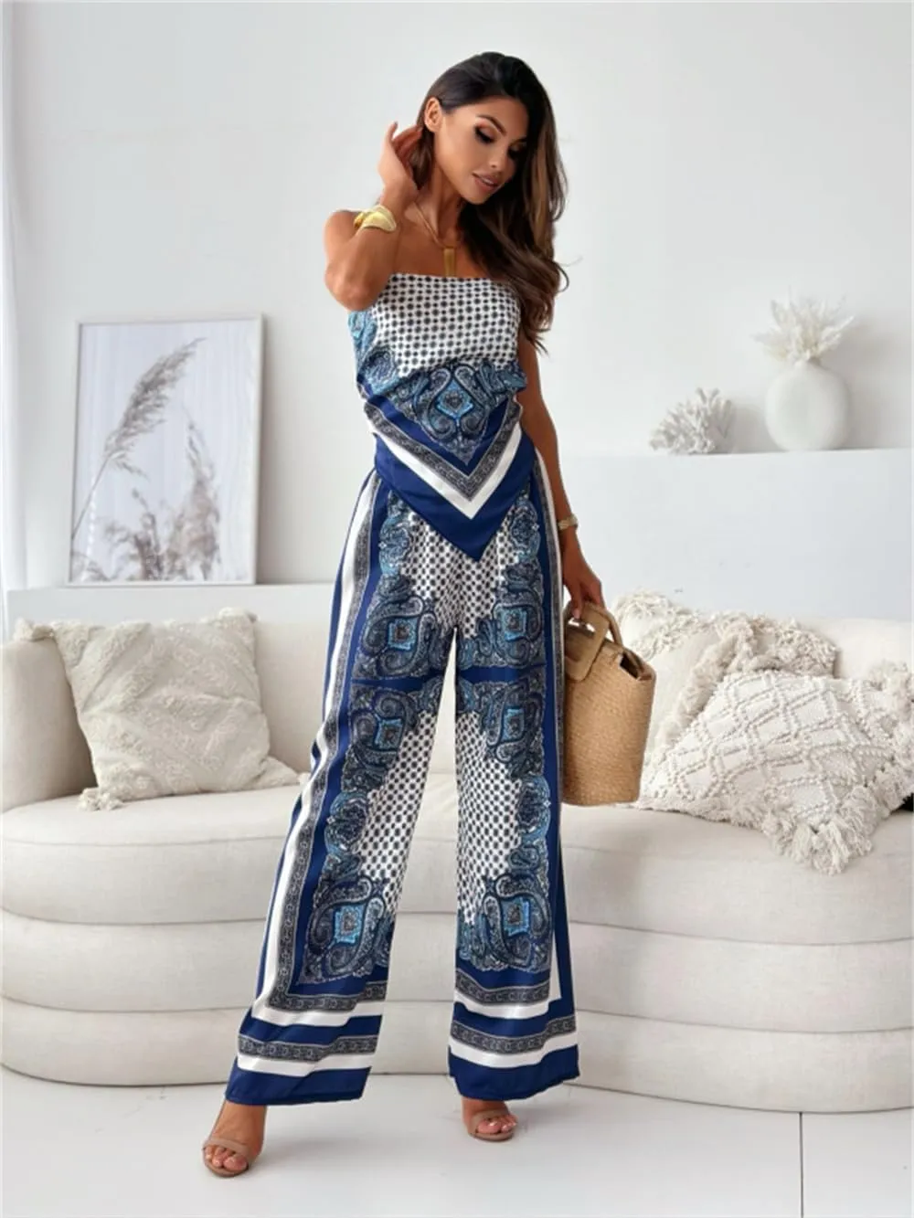 ksotutm Womens Paisley Print 2 Piece Outfits Sleeveless Cami Top Going Out Wide Leg Pants Boho Summer Beach Vacation Set