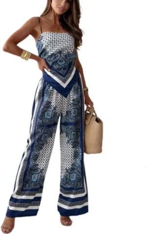 ksotutm Womens Paisley Print 2 Piece Outfits Sleeveless Cami Top Going Out Wide Leg Pants Boho Summer Beach Vacation Set