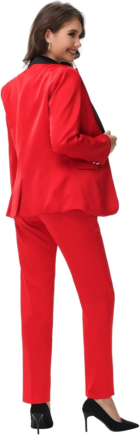 Lamgool Women's Suit 2 Pieces Satin Pantsuits One Button Tuxedo for Dinner, Event and Work