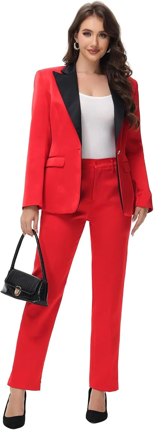 Lamgool Women's Suit 2 Pieces Satin Pantsuits One Button Tuxedo for Dinner, Event and Work