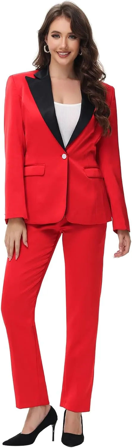 Lamgool Women's Suit 2 Pieces Satin Pantsuits One Button Tuxedo for Dinner, Event and Work