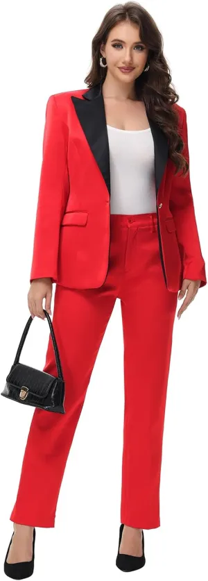 Lamgool Women's Suit 2 Pieces Satin Pantsuits One Button Tuxedo for Dinner, Event and Work