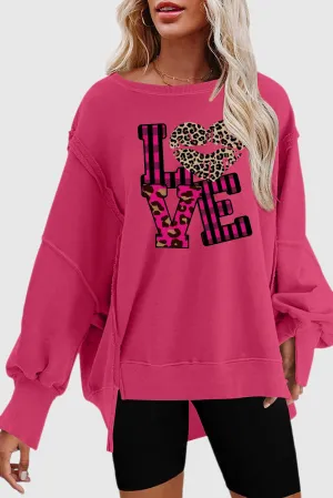 Leopard Print Patchwork Heart Lettering Drop Shoulder Sweatshirt