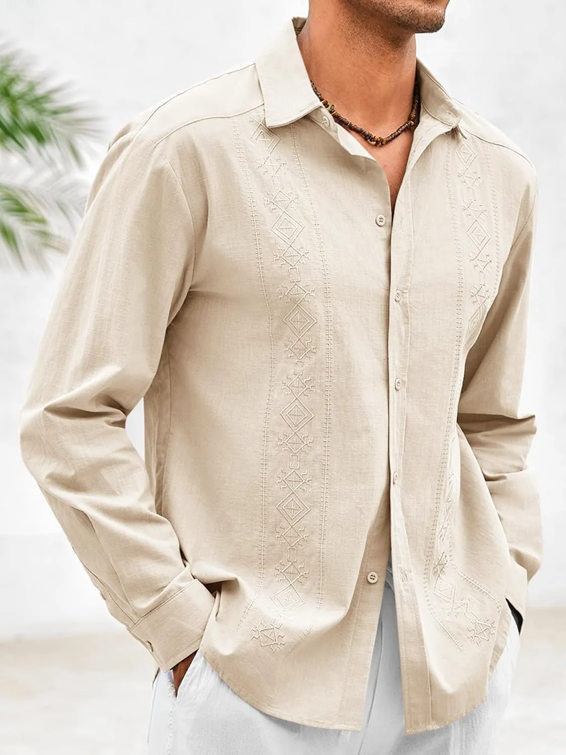Makkrom Men's Casual Cotton Linen Button Down Shirts Cuban Guayabera Shirt Long Sleeve Summer Beach Tops