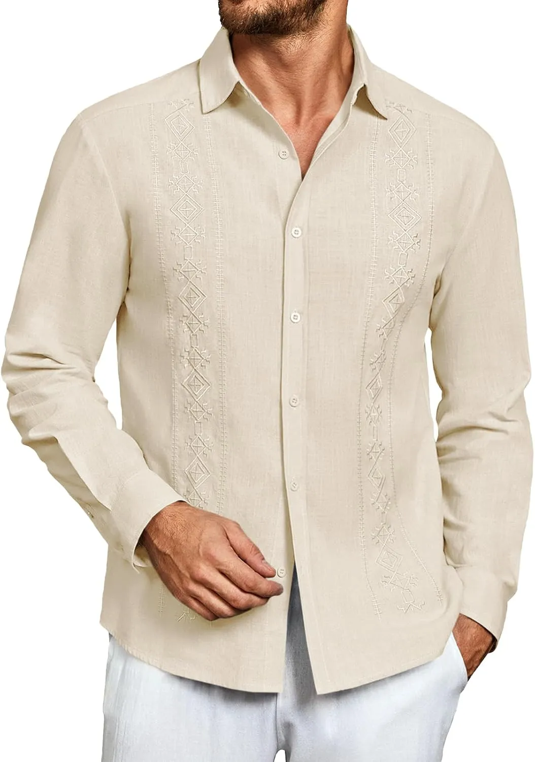 Makkrom Men's Casual Cotton Linen Button Down Shirts Cuban Guayabera Shirt Long Sleeve Summer Beach Tops
