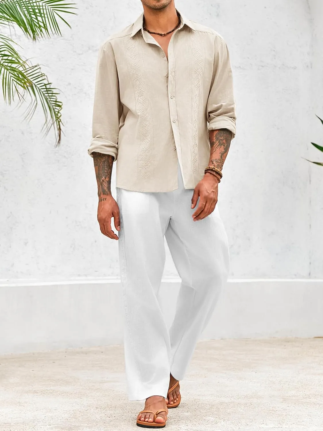 Makkrom Men's Casual Cotton Linen Button Down Shirts Cuban Guayabera Shirt Long Sleeve Summer Beach Tops