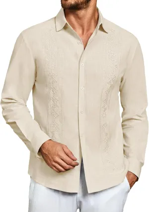 Makkrom Men's Casual Cotton Linen Button Down Shirts Cuban Guayabera Shirt Long Sleeve Summer Beach Tops