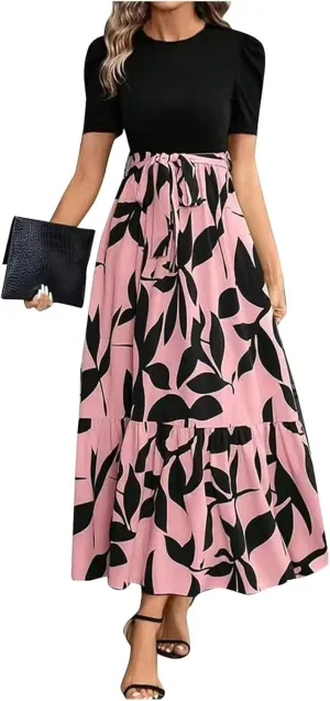 Maxi Dresses for Women 2025 Elegant Summer Puff Sleeve Flowy Floral Long Dress Casual Comfy Beach Party Sundresses