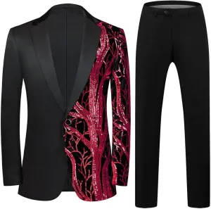 Mens 2 Piece Suit Slim Fit Sequin Shiny One Button Tuxedo Black Sequin Jacket Pants Sets for Wedding Party Prom