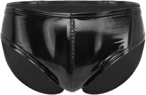 Men's Sexy Solid Color Patent Leather Briefs Low Waist Elastic Waistband Shorts Black A XL