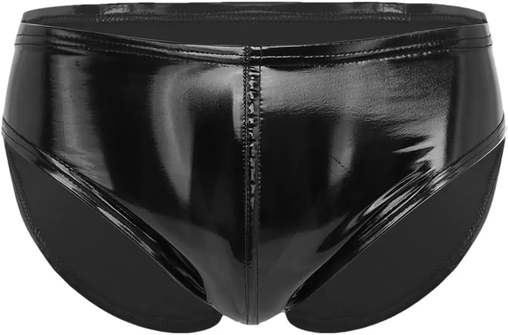 Men's Sexy Solid Color Patent Leather Briefs Low Waist Elastic Waistband Shorts Black A XL