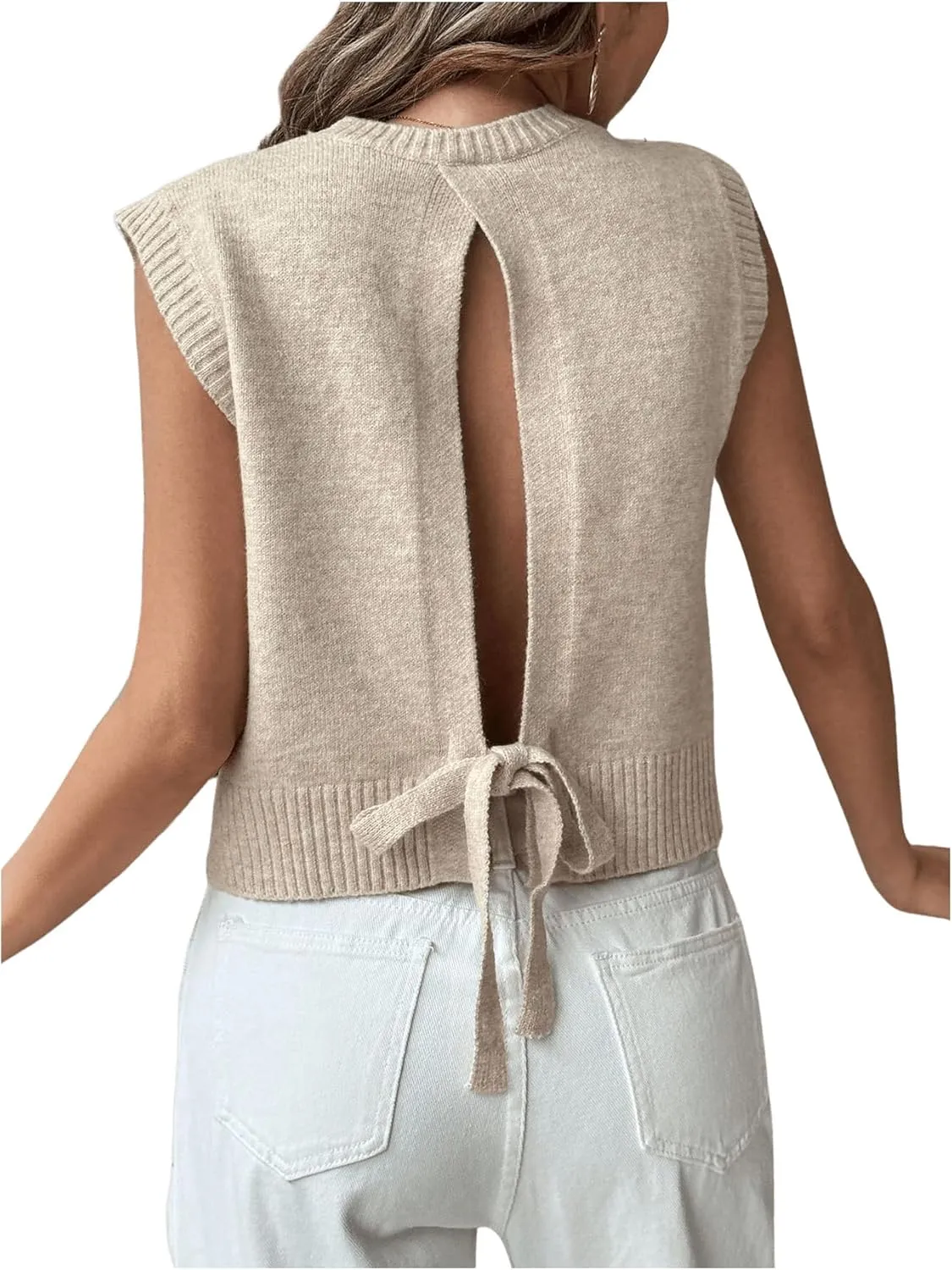 Milumia Women's Tie Open Back Cap Sleeve Knit Sweater Vest Sleeveless Crew Neck Pullover Tank Top