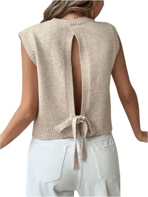Milumia Women's Tie Open Back Cap Sleeve Knit Sweater Vest Sleeveless Crew Neck Pullover Tank Top