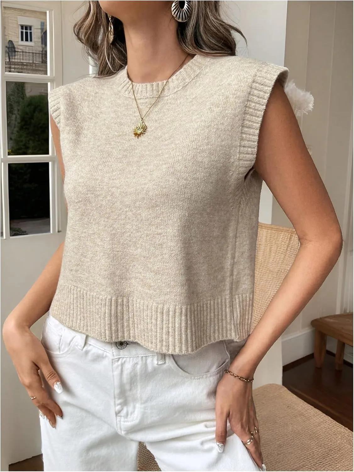 Milumia Women's Tie Open Back Cap Sleeve Knit Sweater Vest Sleeveless Crew Neck Pullover Tank Top