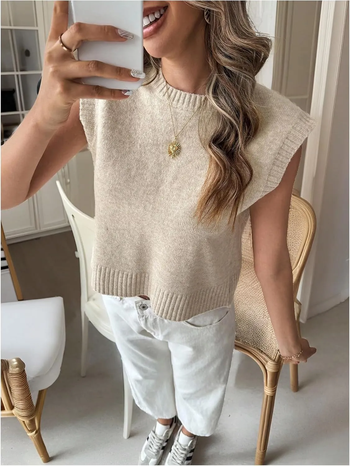 Milumia Women's Tie Open Back Cap Sleeve Knit Sweater Vest Sleeveless Crew Neck Pullover Tank Top