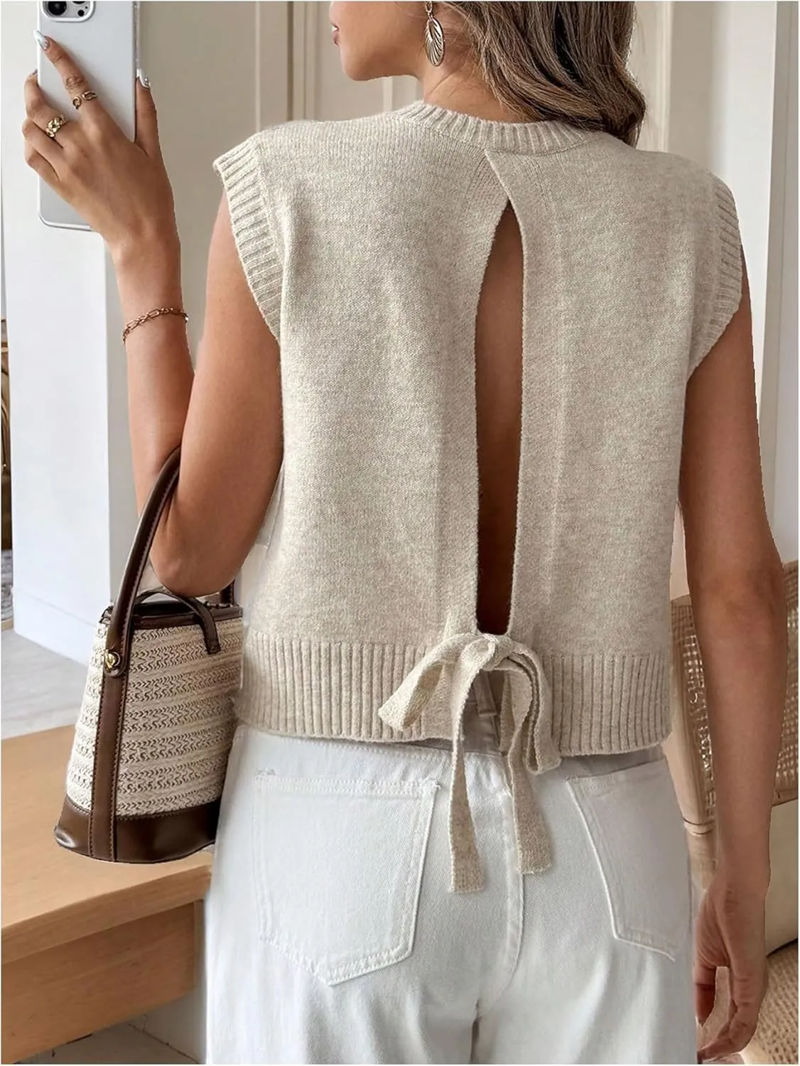 Milumia Women's Tie Open Back Cap Sleeve Knit Sweater Vest Sleeveless Crew Neck Pullover Tank Top