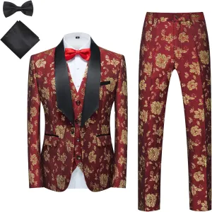 MOGU Mens 3 Piece Tuxedo Slim Fit Jacquard Floral Vintage Groomsmen Wedding Prom Suit