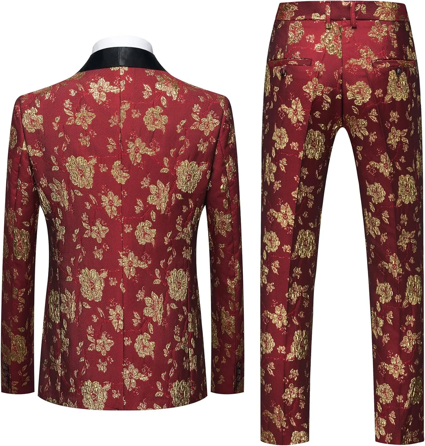 MOGU Mens 3 Piece Tuxedo Slim Fit Jacquard Floral Vintage Groomsmen Wedding Prom Suit