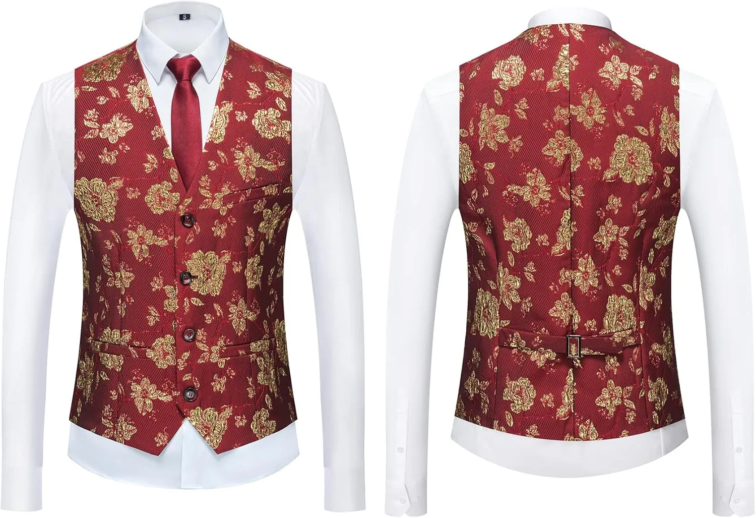 MOGU Mens 3 Piece Tuxedo Slim Fit Jacquard Floral Vintage Groomsmen Wedding Prom Suit
