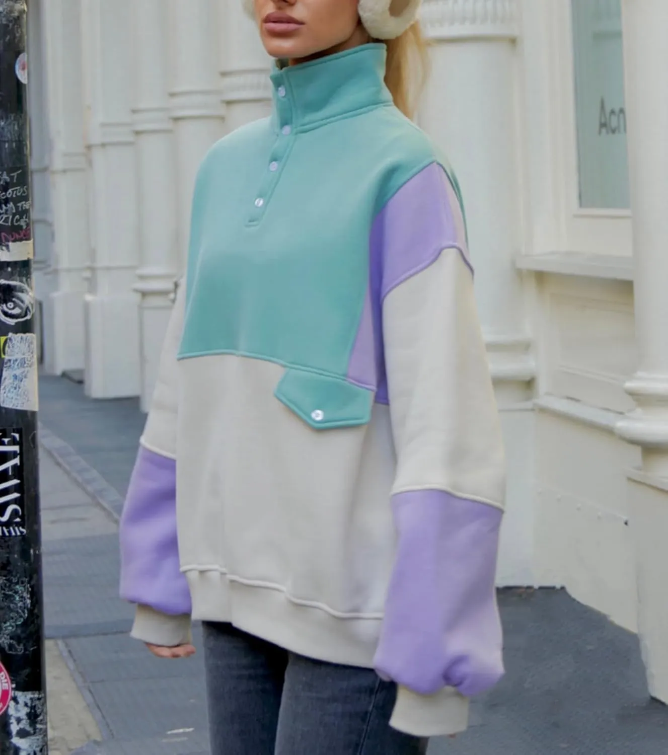 Muineobuka Women Y2K Patchwork Sweatshirt Long Sleeve Lapel Quarter Button Oversized Pullover Color Block V Neck Polo Hoodie