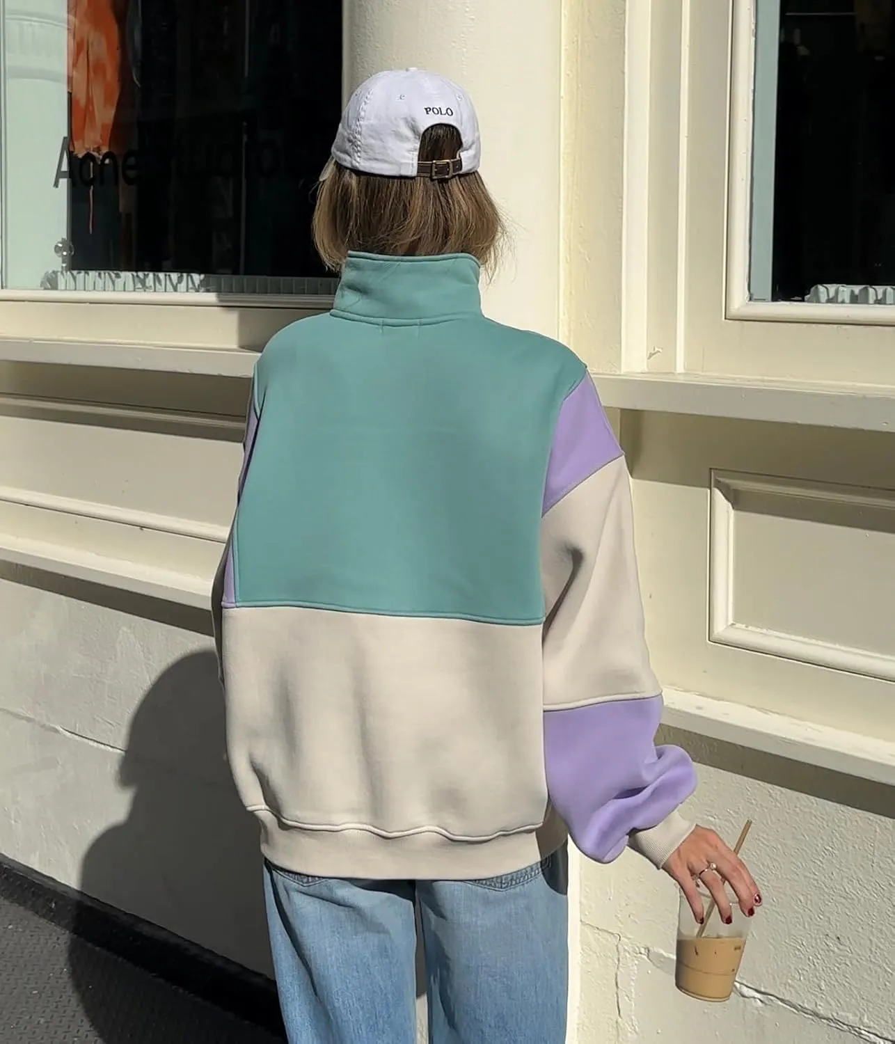 Muineobuka Women Y2K Patchwork Sweatshirt Long Sleeve Lapel Quarter Button Oversized Pullover Color Block V Neck Polo Hoodie