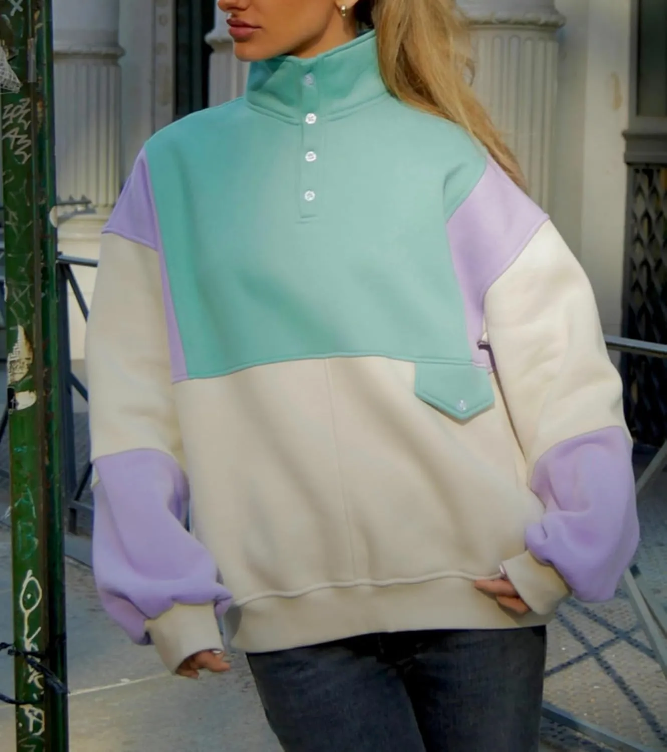 Muineobuka Women Y2K Patchwork Sweatshirt Long Sleeve Lapel Quarter Button Oversized Pullover Color Block V Neck Polo Hoodie