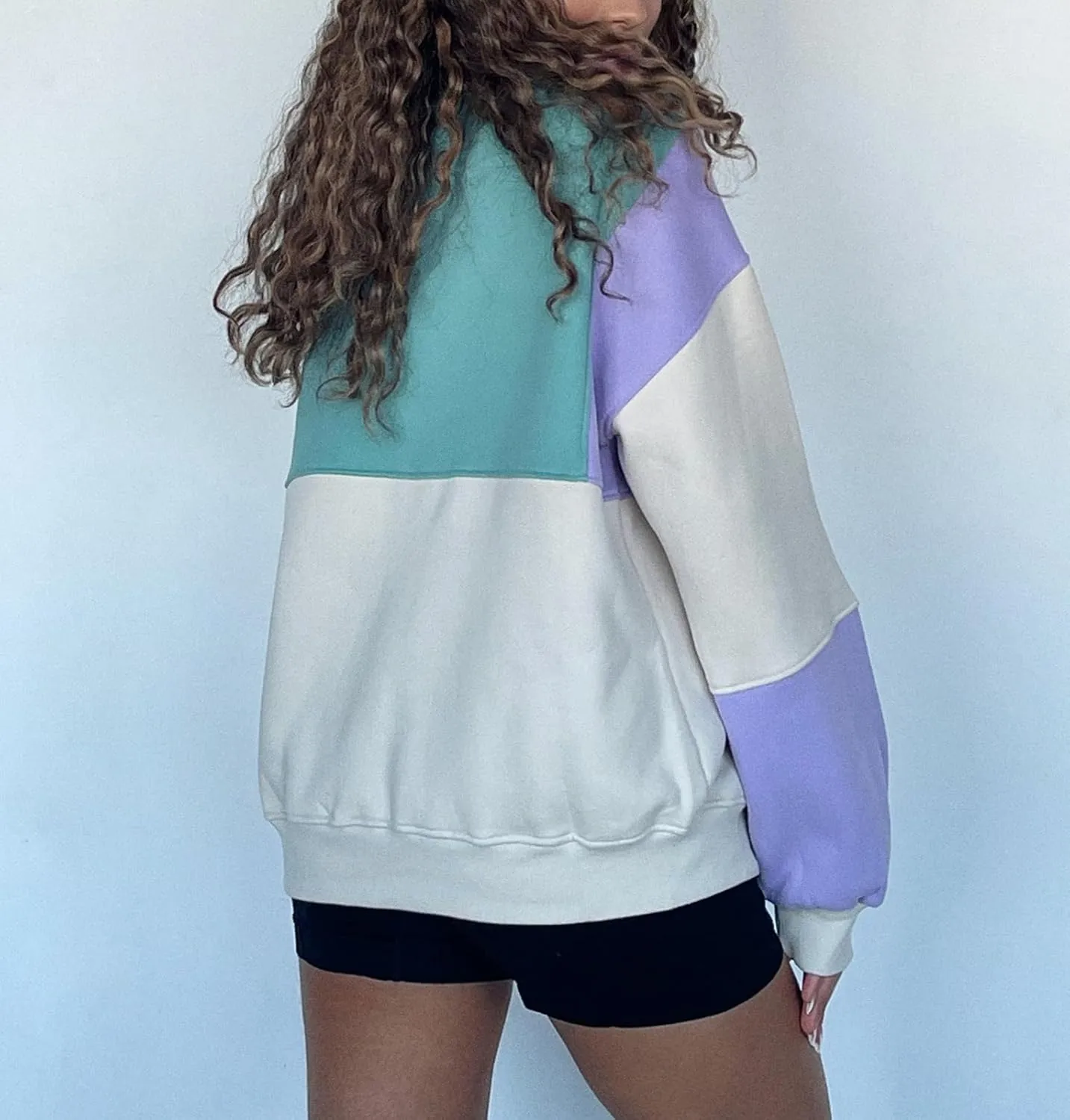 Muineobuka Women Y2K Patchwork Sweatshirt Long Sleeve Lapel Quarter Button Oversized Pullover Color Block V Neck Polo Hoodie
