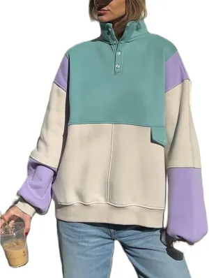 Muineobuka Women Y2K Patchwork Sweatshirt Long Sleeve Lapel Quarter Button Oversized Pullover Color Block V Neck Polo Hoodie