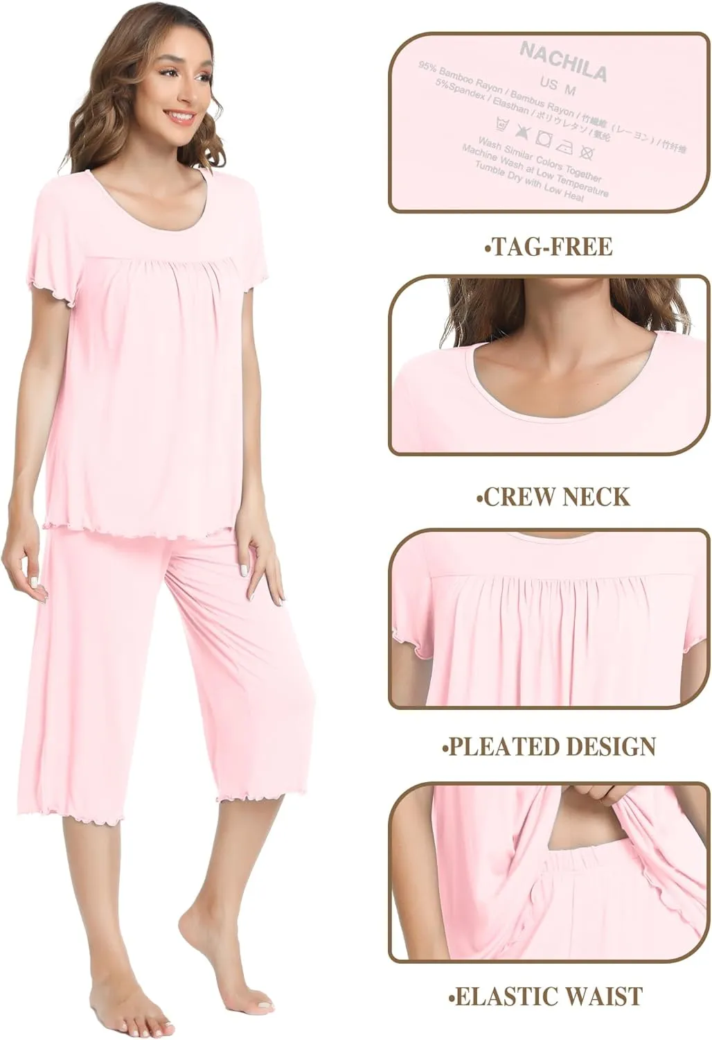NACHILA Women's Pajamas-Viscose Made from Bamboo, Short Sleeve Pleated Pj Top Soft Capri Pant Pajama Set Cool Sleepwear