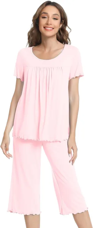 NACHILA Women's Pajamas-Viscose Made from Bamboo, Short Sleeve Pleated Pj Top Soft Capri Pant Pajama Set Cool Sleepwear