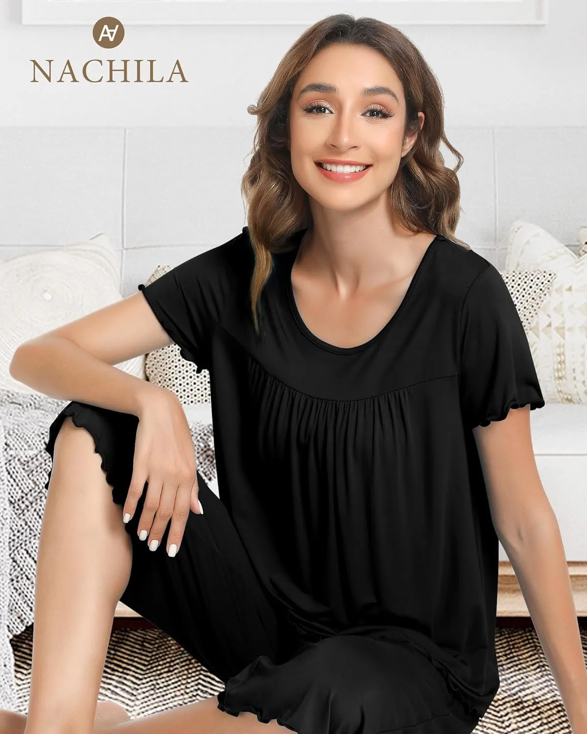 NACHILA Women's Pajamas-Viscose Made from Bamboo, Short Sleeve Pleated Pj Top Soft Capri Pant Pajama Set Cool Sleepwear