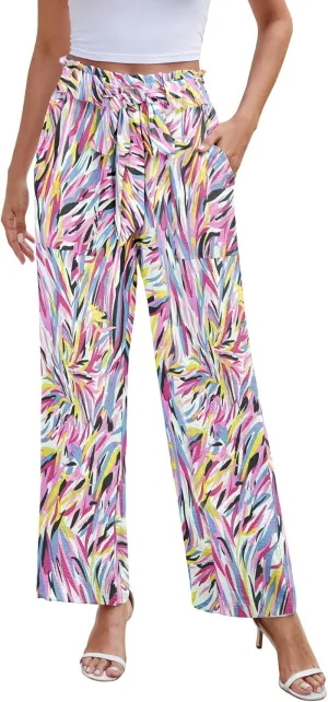 NILOUFO Women Summer Casual Wide Leg Pants High Waisted Elastic Tie Knot Boho Beach Trousers with Pockets