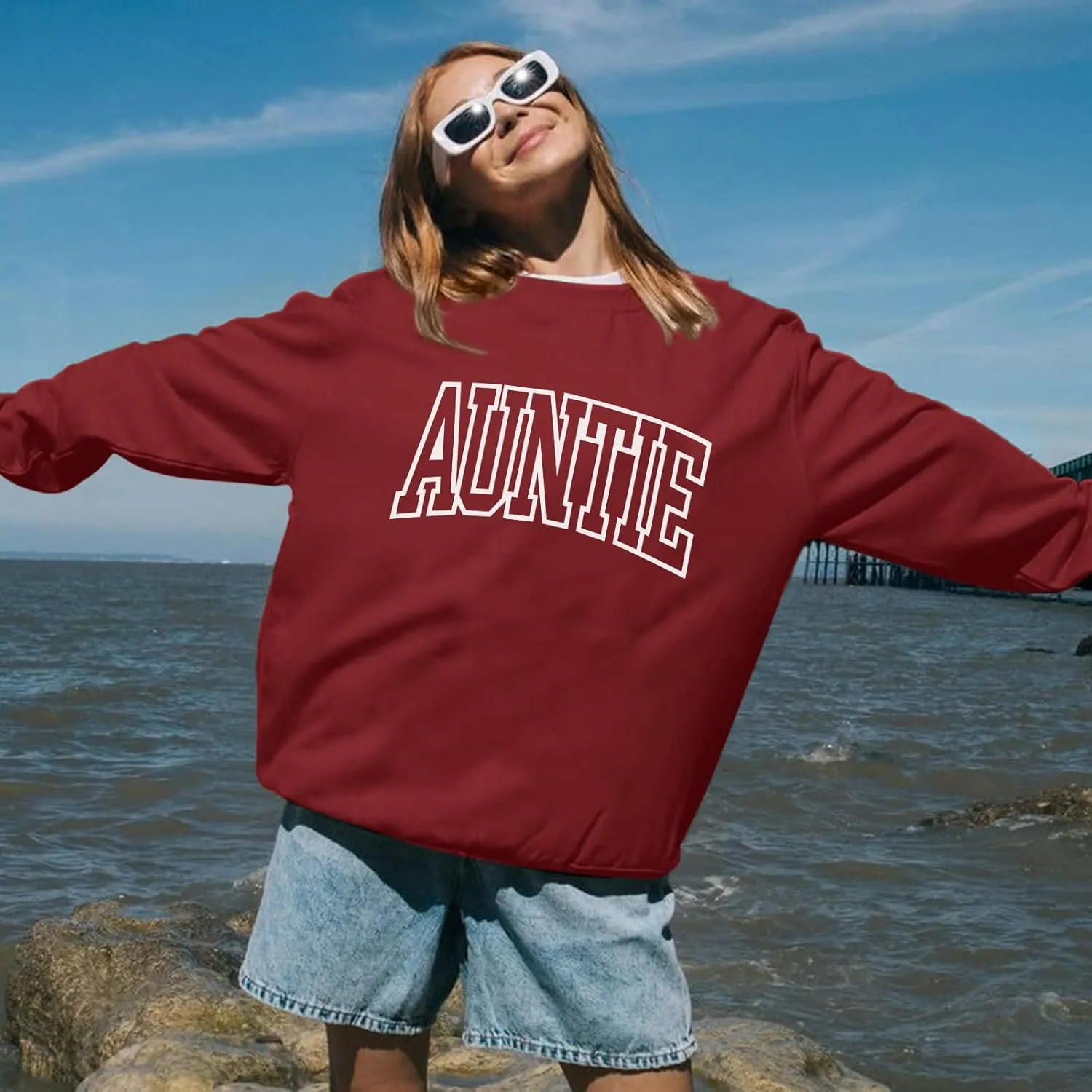 Oversized Auntie Printed Sweatshirt For Women Loose Fit Cool Aunt Crewneck Cotton Sweatshirts Long Sleeve Pullover