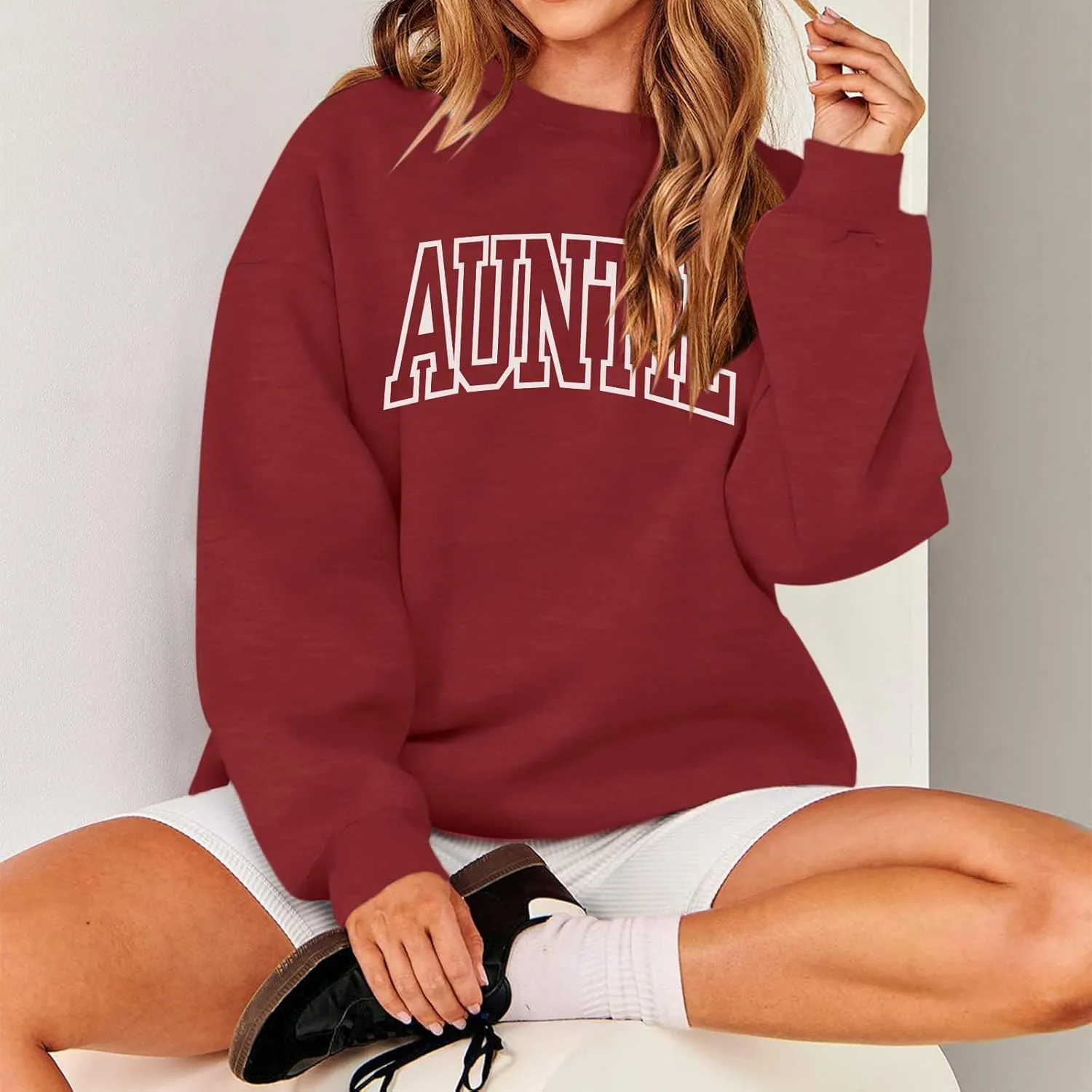 Oversized Auntie Printed Sweatshirt For Women Loose Fit Cool Aunt Crewneck Cotton Sweatshirts Long Sleeve Pullover