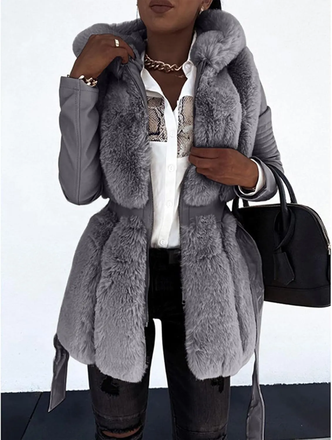 Sexyshine Women's Faux Fur Jacket Faux Leather Shearling fleece Fur Lined Coat Zipper Up Hooded Parka Overcoat with Belt