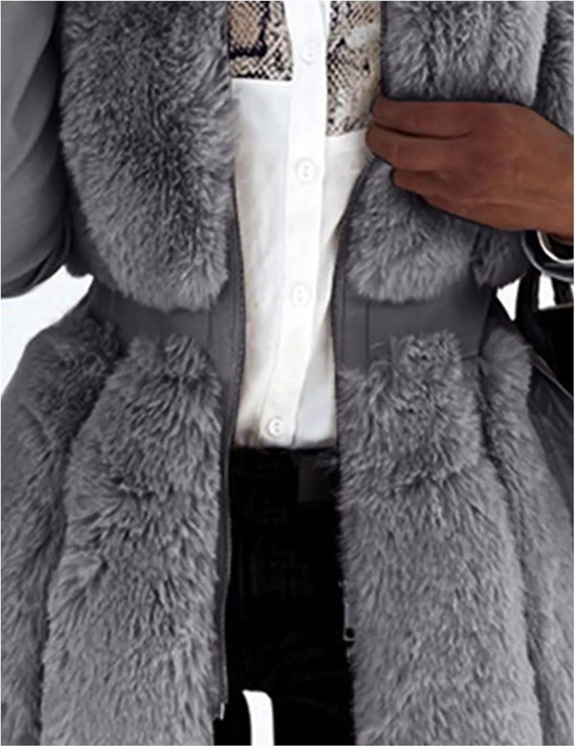 Sexyshine Women's Faux Fur Jacket Faux Leather Shearling fleece Fur Lined Coat Zipper Up Hooded Parka Overcoat with Belt