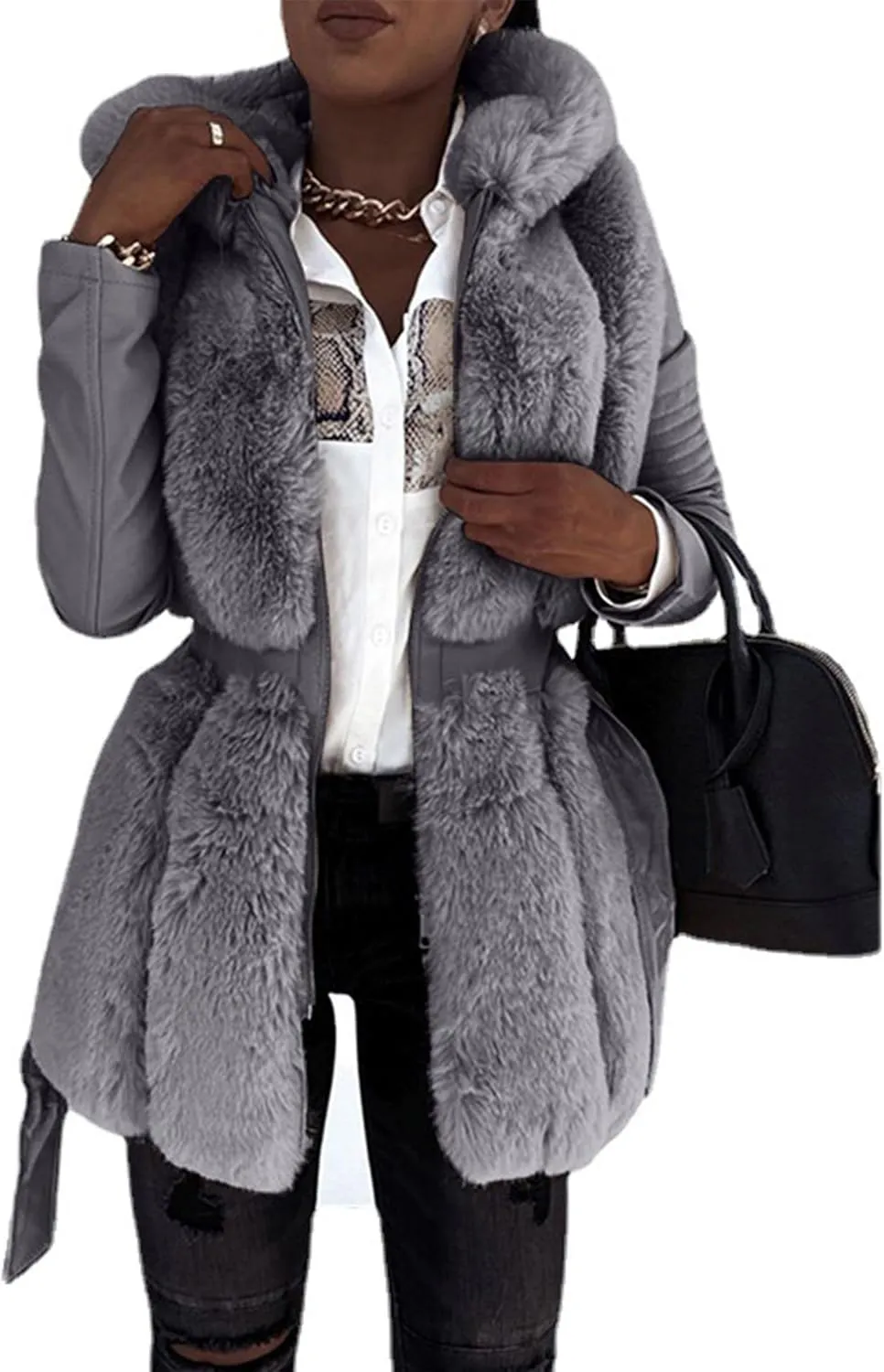 Sexyshine Women's Faux Fur Jacket Faux Leather Shearling fleece Fur Lined Coat Zipper Up Hooded Parka Overcoat with Belt