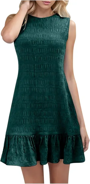 Sleeveless Summer Dress for Women Casual Crew Neck Ruffle Hem A-Line Mini Dress Lightweight Flowy Sundress