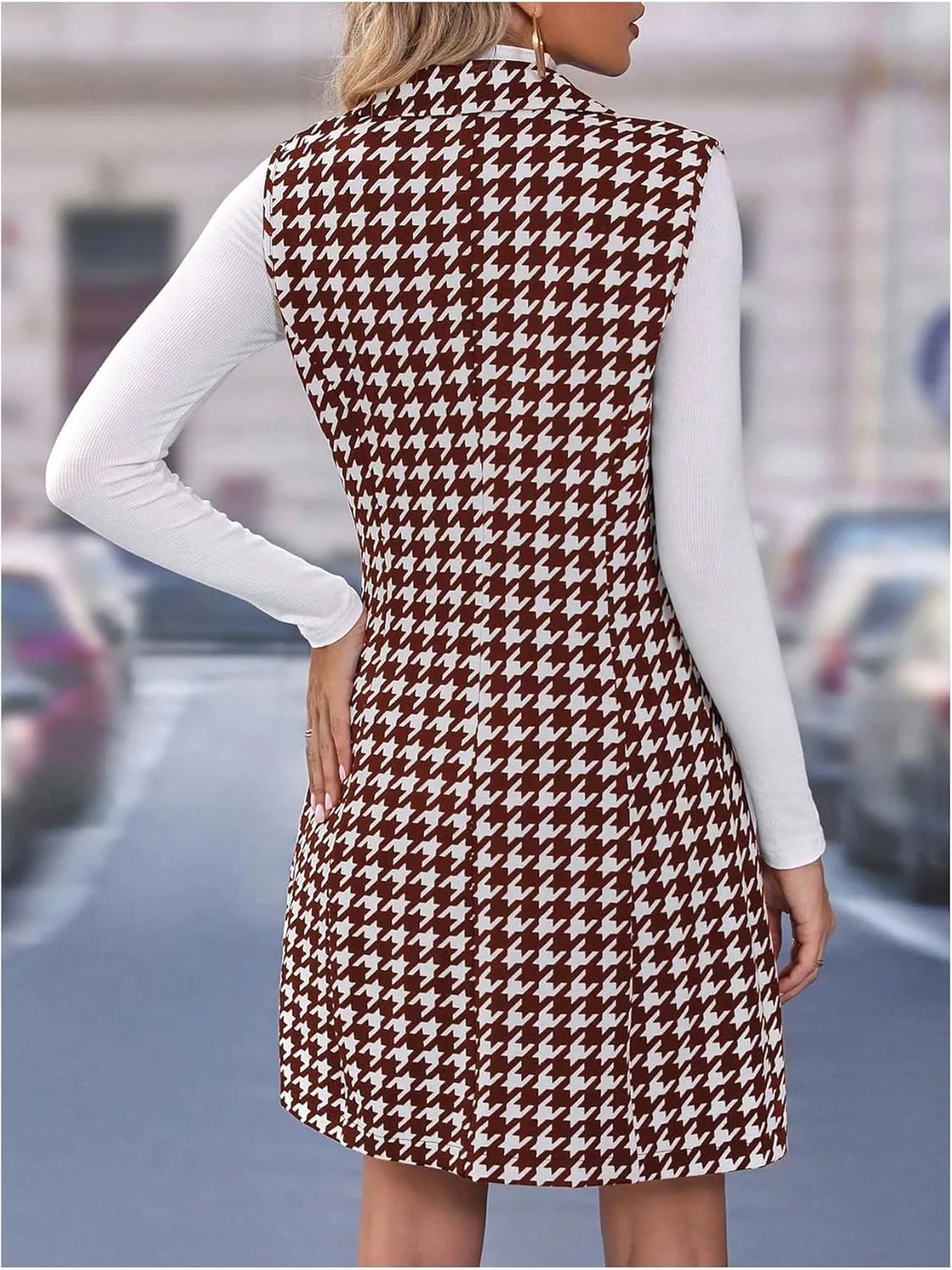SOLY HUX Women's Plaid Houndstooth Print Blazer Long Vest Top Sleeveless Cardigan Jacket