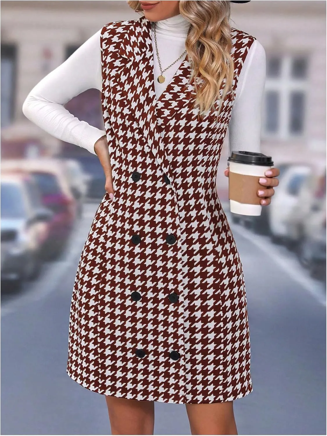 SOLY HUX Women's Plaid Houndstooth Print Blazer Long Vest Top Sleeveless Cardigan Jacket