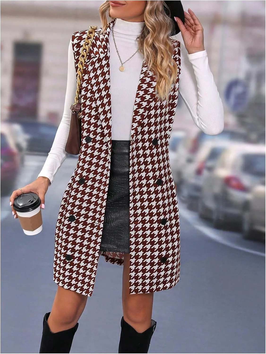 SOLY HUX Women's Plaid Houndstooth Print Blazer Long Vest Top Sleeveless Cardigan Jacket