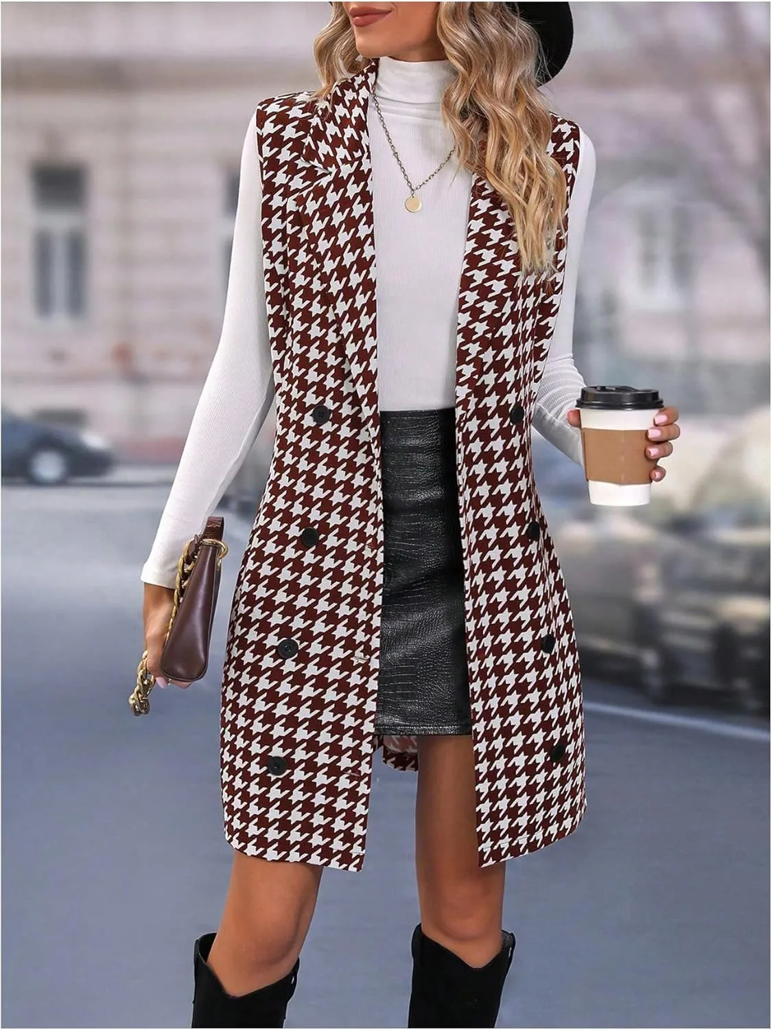 SOLY HUX Women's Plaid Houndstooth Print Blazer Long Vest Top Sleeveless Cardigan Jacket