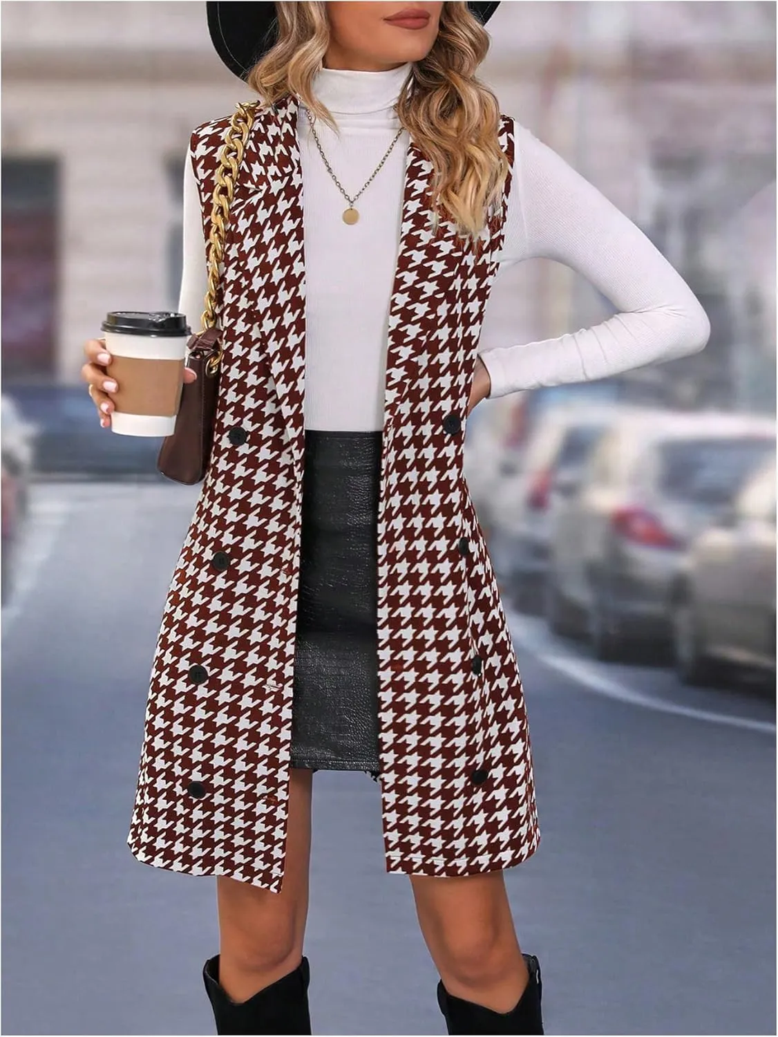 SOLY HUX Women's Plaid Houndstooth Print Blazer Long Vest Top Sleeveless Cardigan Jacket