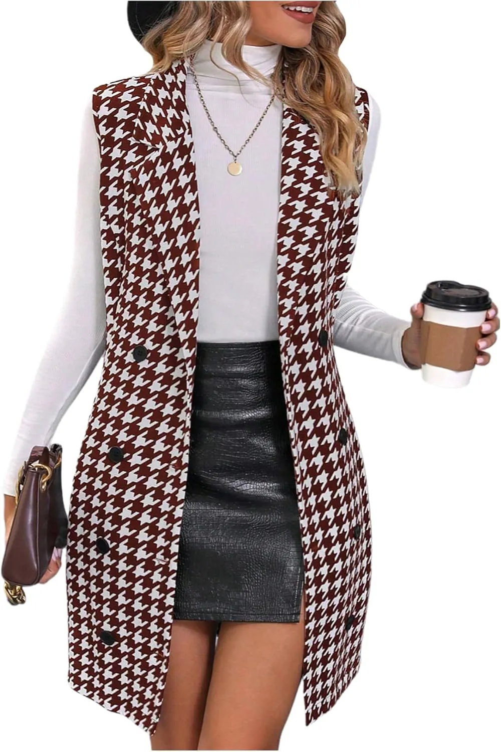 SOLY HUX Women's Plaid Houndstooth Print Blazer Long Vest Top Sleeveless Cardigan Jacket