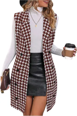 SOLY HUX Women's Plaid Houndstooth Print Blazer Long Vest Top Sleeveless Cardigan Jacket