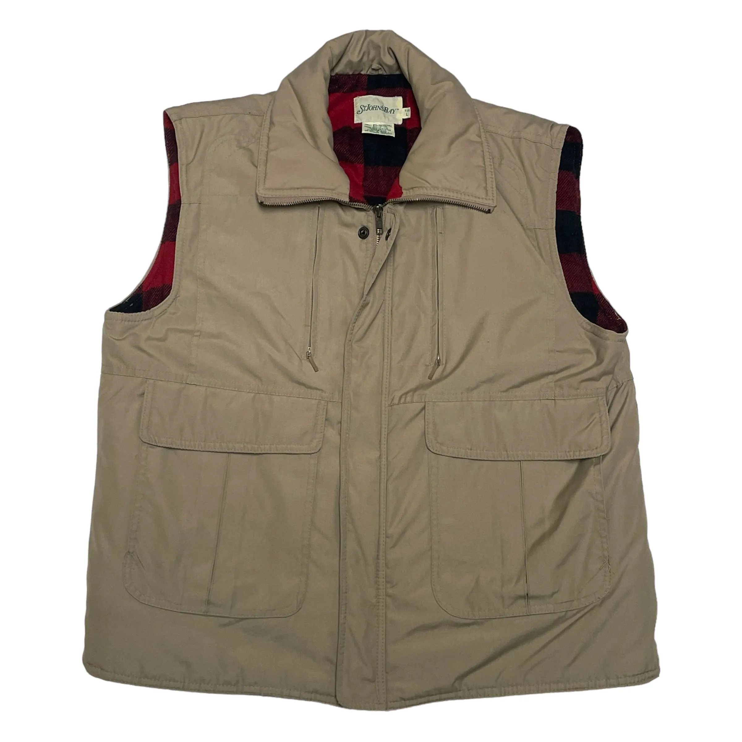 St Johns Bay Mens Black Red Checkared Plaid Lined Insulated Zip Button 4 Pocket Vest