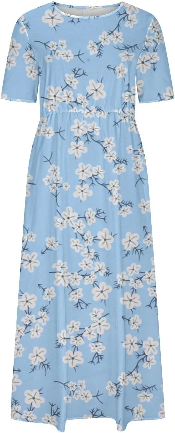 Summer Dresses for Women Short Sleeve A-Line Midi Dress Casual Floral T-Shirt Dress Flowy Beach Sundress with Pockets